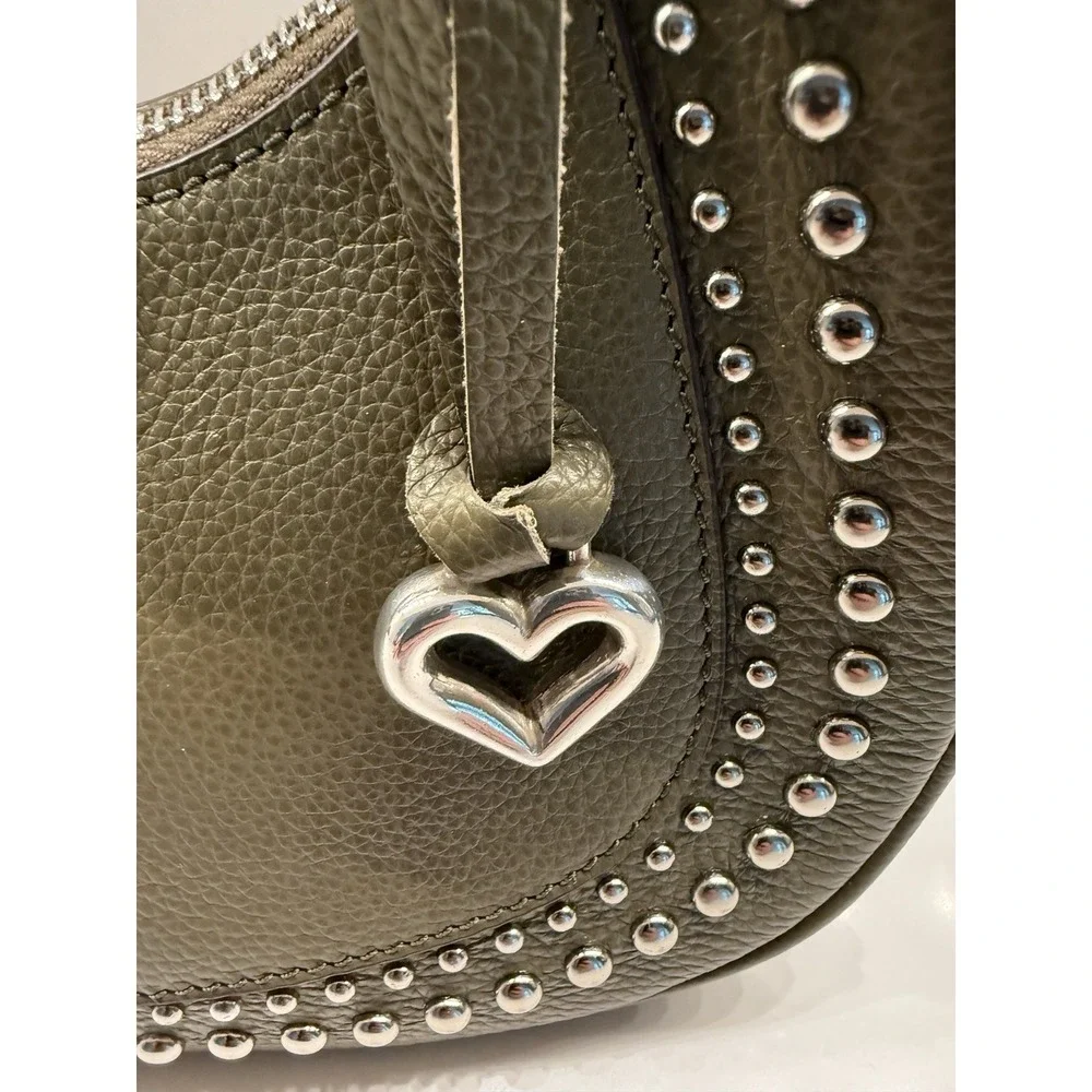 Brighton H4391V Jem Olive Green Studded Leather Shoulder Bag Purse Hobo Dust Bag